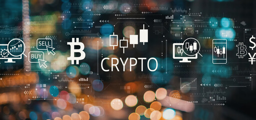 Crypto Trading theme with blurred city abstract lights background