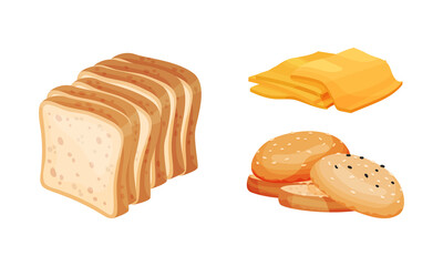 Wheaten toast bread, bun and cheese set. Ingredients for burger and sandwich vector illustration