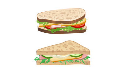 Sandwiches set. Wheaten bread with cheese, bacon and vegetables vector illustration