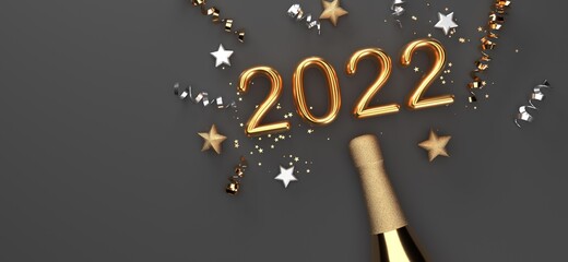 Fototapeta na wymiar New Year 2022 celebration theme with a champagne bottle with confetti - 3D render
