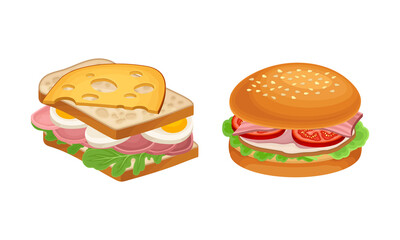 Sandwiches set. Hamburger and wheaten bread with various ingredients vector illustration