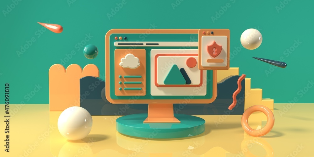 Poster desktop computer with a security icon and geometric shapes - 3d render