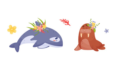 Naklejka premium Sea animals in wreath of flowers set. Cute killer whale and sea lion marine baby creatures with flowers vector illustration