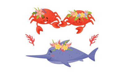 Sea animals in wreath of flowers set. Cute narwhal and crab marine baby creatures with flowers vector illustration