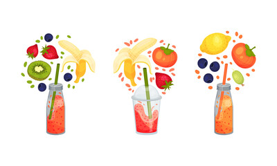 Fruit smoothies set. Persimmon, banana, kiwi, strawberry, blueberry, lemon falling into glass bottle. Detox drink, healthy eating concept vector illustration