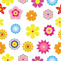 Fototapeta na wymiar Spring flowers seamless pattern background. Simple colorful floral icons in bright colors. Decorative flower silhouette collection. Horizontal white banner. Vector illustration