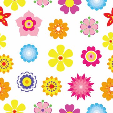 Spring flowers seamless pattern background. Simple colorful floral icons in bright colors. Decorative flower silhouette collection. Horizontal white banner. Vector illustration