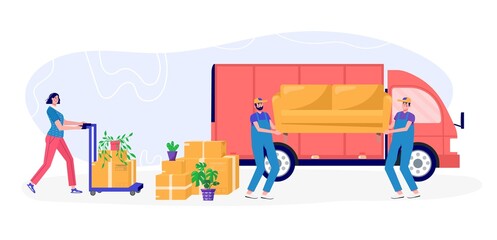 Worker moves new office, home, house. People moving and collect supplies in boxes in track. Persone cartoon characters packing belongings. Young gay unpacking concept, delivery, relocation,