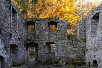 Ruins of water mill "Dolsky mlyn" in Bohemian Switzerland, Czech Republic in autumn. Stone walls built in 16th century