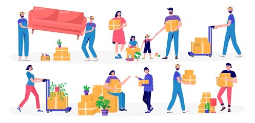 Fototapeta na wymiar Family with kids moves new home, house. People moving and collect supplies in boxes. Man and woman cartoon characters packing belongings. Young couple unpacking concept, delivery, relocation,