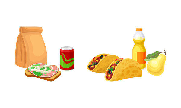 Takeaway Food Set. Sandwich, Tacos, Banana And Drinks, Students Snack Meal Vector Illustration