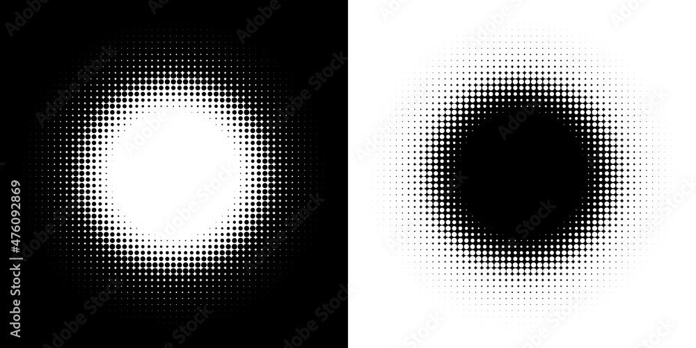 Poster two abstract high resolution half tone dots. white halftone dot on black and black halftone dot on w