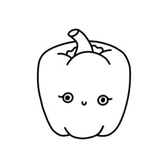 Cute kawaii red pepper. Kind childrens vegetable character with eyes and a smile. Vector line illustration isolated on white background.