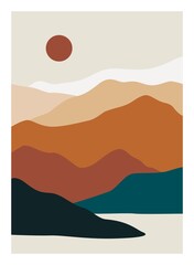 Naklejka na ściany i meble Mountain landscape poster. Abstract nature background, contemporary hills, lake sea moon sun, vector wall art for print