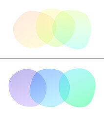 Transparent, uneven and overlapping colorful roundish blobs on white. Two abstract high resolution vibrant backgrounds in 4k resolution.