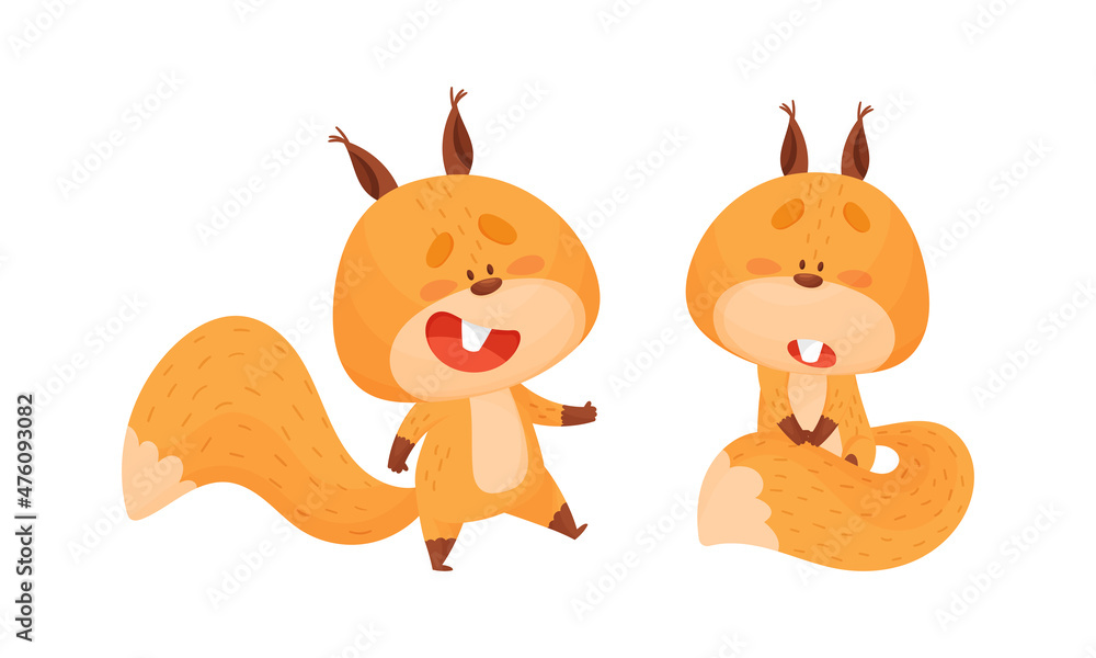 Wall mural cute happy squirrel various activities set. lovely smiling forest animal character vector illustrati