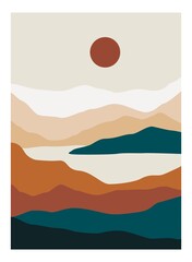 Abstract mountain landscape poster. Minimalist contemporary background sun moon, wall art for print. Vector illustration