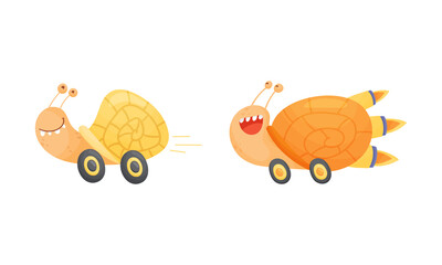 Fast snails set. Funny happy smiling mollusk characters riding on wheels vector illustration