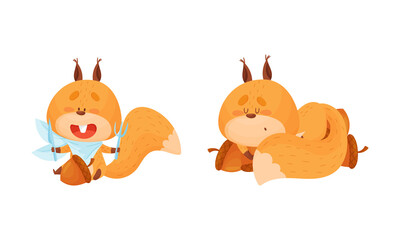Cute squirrel various activities set. Lovely forest animal character eating with fork and knife and sleeping vector illustration