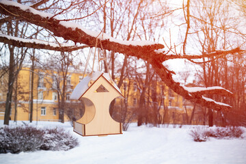 Wooden bird feeder hanging on snowy tree branches outside against background of trees, snow and buildings