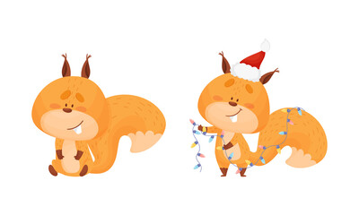 Cute squirrel various activities set. Lovely forest animal character wearing Santa Claus hat holding garland vector illustration