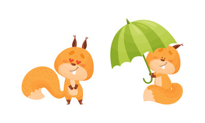Cute squirrel various activities set. Funny forest animal characters with eyes in shape of hearts and walking with umbrella vector illustration