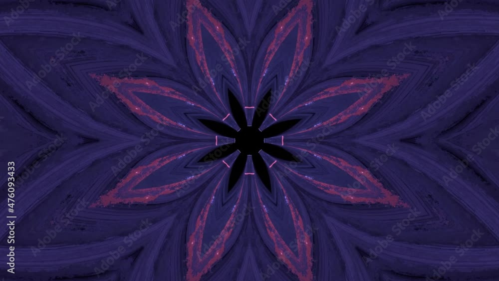 Poster a 4k 3d animation of a purple kaleidoscopic pattern with changing shapes in the black center