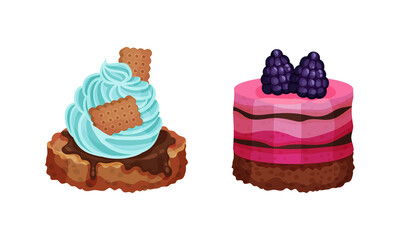 Delicious cupcakes set. Sweet baked colorful desserts vector illustration