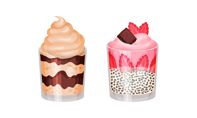 Delicious sweet layered desserts in glass set vector illustration on white background