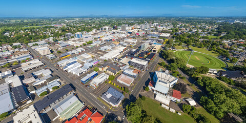 Aerial drone panoramic view, looking over the CBD, Founders Theatre & Seddon Park, over the city of Hamilton (Kirikiriroa) in the Waikato region of New Zealand.