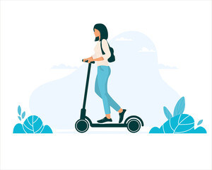 Woman riding electric scooter, flat vector illustration. Young girl riding environmentally friendly electric vehicle