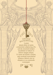 Vector background for a diploma or certificate in a vintage style. Hand-drawn frame with an ornate old building facade, grapes, seashell, curtains, beautiful key hanging on string and place for text