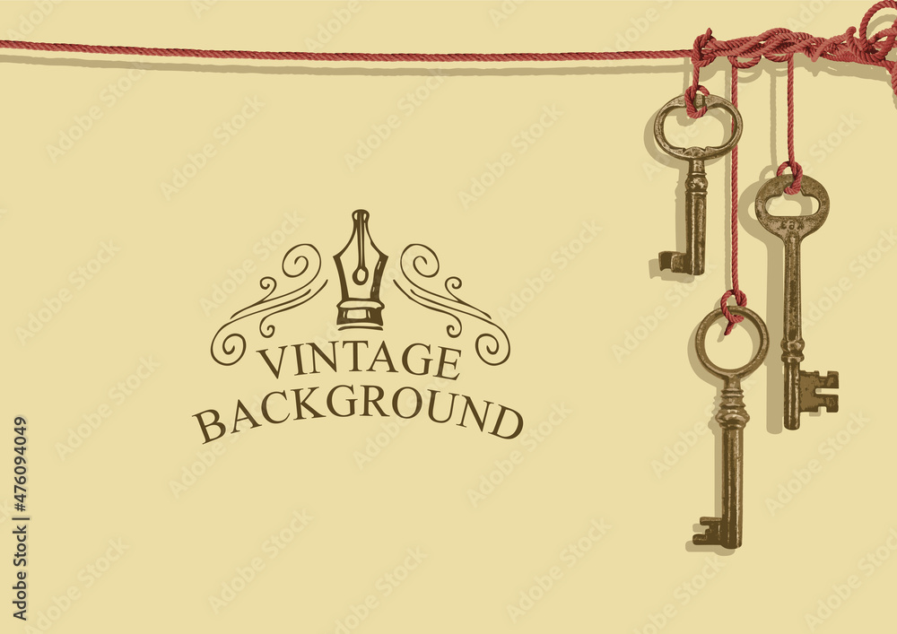 Wall mural Vintage background with old keys, hand-drawn vignette and a place for text on an old paper backdrop. Vector illustration with realistic ancient bronze keys hanging on red strings