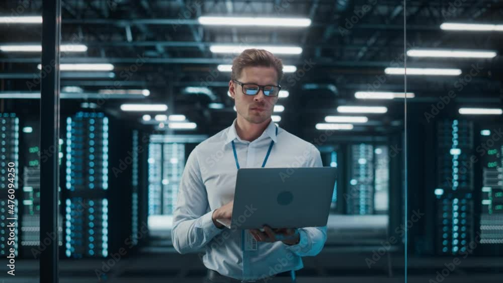 Poster Data Center Server: System Administrator Working on Computer. Data Warehouse Developer. Technical Support Scientist. Cloud Solution Infrastructure Architect. Virtualization Reliability Engineer