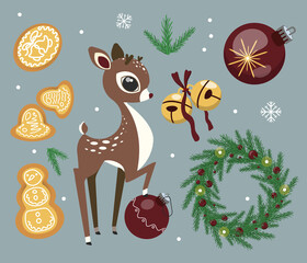 Set of Christmas elements. Cookies, deer, bells, balls, wreath, twigs. Vector illustration.