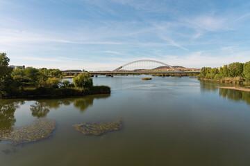 Guadiana river with the Lusitania bridge in the background, Merida, UNESCO World Heritage Site, Extremadura, Spain