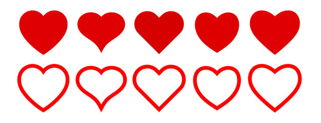 Set of red heart shape icons. Vector heart set. Valentines day hearts. Outlined and filled hearts.