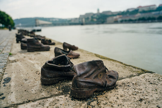 Shoes on the Danube bank - Monument as a memorial of the victims of the Holocaust in Budapest, Hungary - nov, 2021