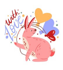 Love lettering and cute romantic bunny with heart balloons for St. Valentines day postcard. Calligraphy and rabbit composition for 14 February. Flat illustration isolated on white background