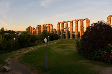 Aqueduct of Los Milagros, Roman origin building at sunset, part of the Archaeological Ensemble of...