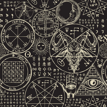 Abstract seamless pattern with hand-drawn goat head, all-seeing eye, sun, moon, vitruvian man, occult and esoteric symbols on a black backdrop. Monochrome vector background in gothic style