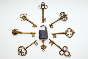 Antique keys are located around the padlock