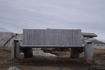 foggy wooden bench