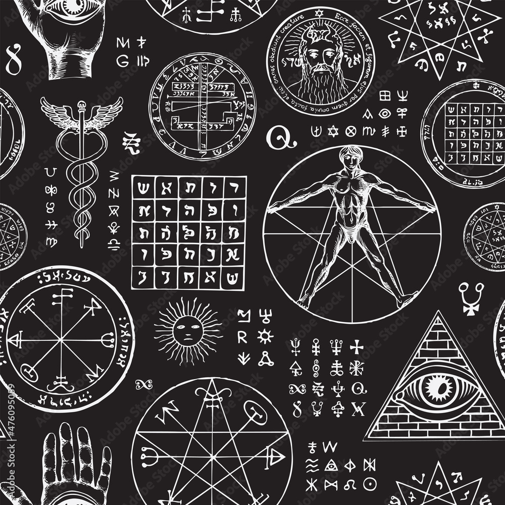 Poster abstract seamless pattern with hand-drawn vitruvian man, pentacle, all-seeing eye, caduceus, sun, mo