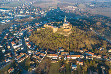 Aerial view of Burg Güssing in Burgenland, Austria in a beautiful winter evening sunset mood. - obrazy, fototapety, plakaty