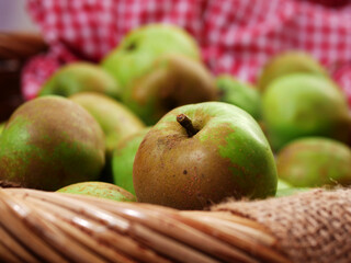 Basket of fresh green baking apples close up shot