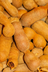Tamarind (Tamarindus indica), vegetable store in a Cape Verdean market, selective approach.
