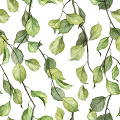 Square seamless pattern with detailed realistic green ivy plant. Watercolor wallpapers. Hand painted ivy creeper. Wrapping paper and textile design template - obrazy, fototapety, plakaty