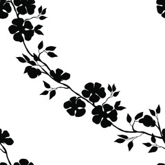 Branch with flowers.Vector illustration. Black silghouette. Seamless pattern.