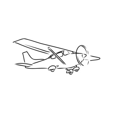 Light single-engine aircraft with pilot flies against the background of an abstract landscape. Vector illustration.